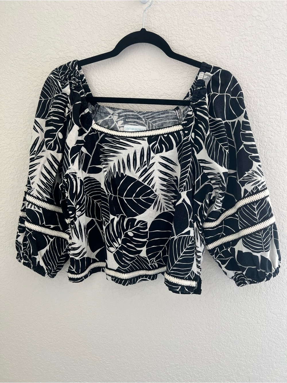 Cynthia Rowley Black & White Monstera Leaf-Print Peasant Blouse Linen Blend